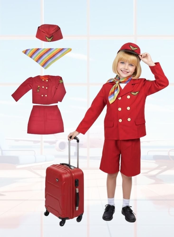 بريميم طقم زي مضيفة طيران للأطفال – زي طاقم الطائرة مع قبعة ووشاح - Image 1